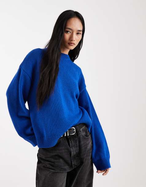 ASOS DESIGN knit wide sleeves cotton blend sweater in blue - view 1
