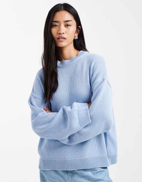 ASOS DESIGN knit wide sleeves cotton blend sweater in blue - view 1