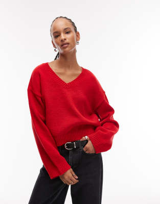 Asos Design Knit Wide Sleeves V-neck Sweater In Red