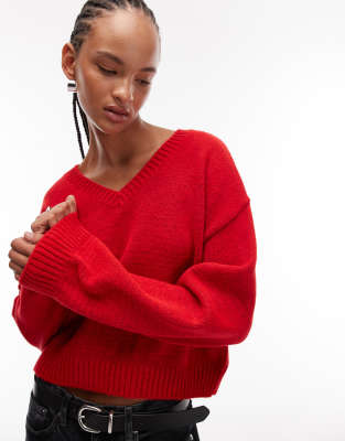 Asos Design Knit Wide Sleeves V-neck Sweater In Red