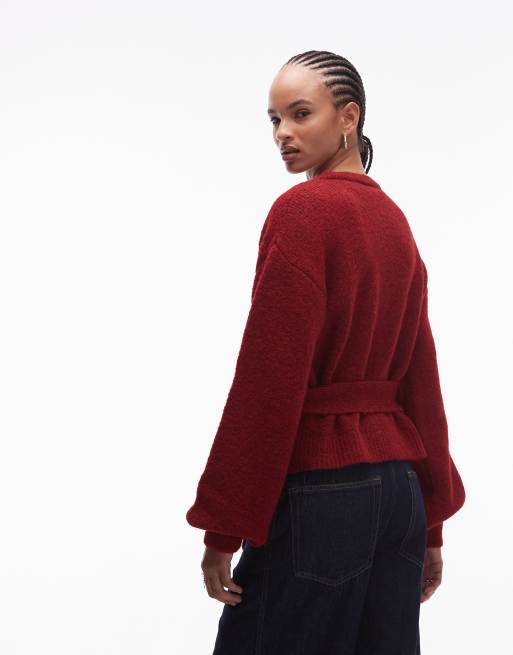 ASOS DESIGN knit wool blend oversized cardigan with tie waist in red
