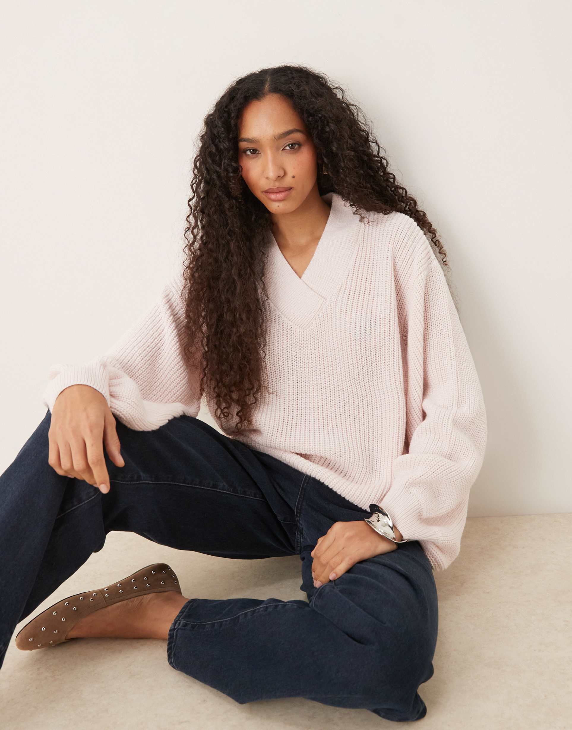 asos design knit wool blend oversized v neck sweater in pink