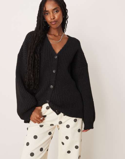 ASOS DESIGN knit wool blend slouchy cardigan with chunky ribbed texture in black