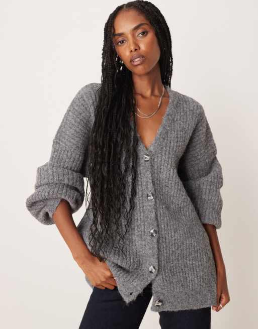 ASOS DESIGN knit wool blend slouchy cardigan with chunky ribbed texture in charcoal