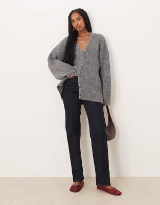 Asos Design Knit Wool Blend Slouchy Cardigan With Chunky Ribbed Texture In Gray