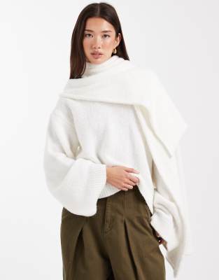 Asos Design Knit Wool Blend Sweater With Attached Scarf In White