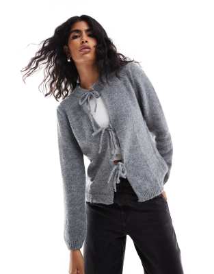 Asos Design Knit Wool Look Oversized Tie Front Cardigan In Gray
