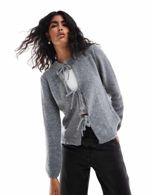 ASOS DESIGN knit wool look oversized tie front cardigan in gray