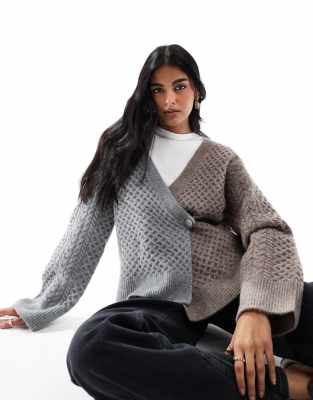 knit wrap cable cardigan in gray/mocha-Multi