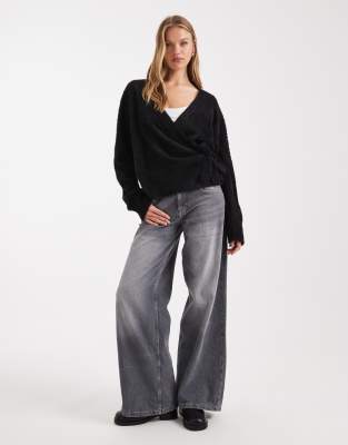 Asos Design Knit Wrap Cardigan In Black