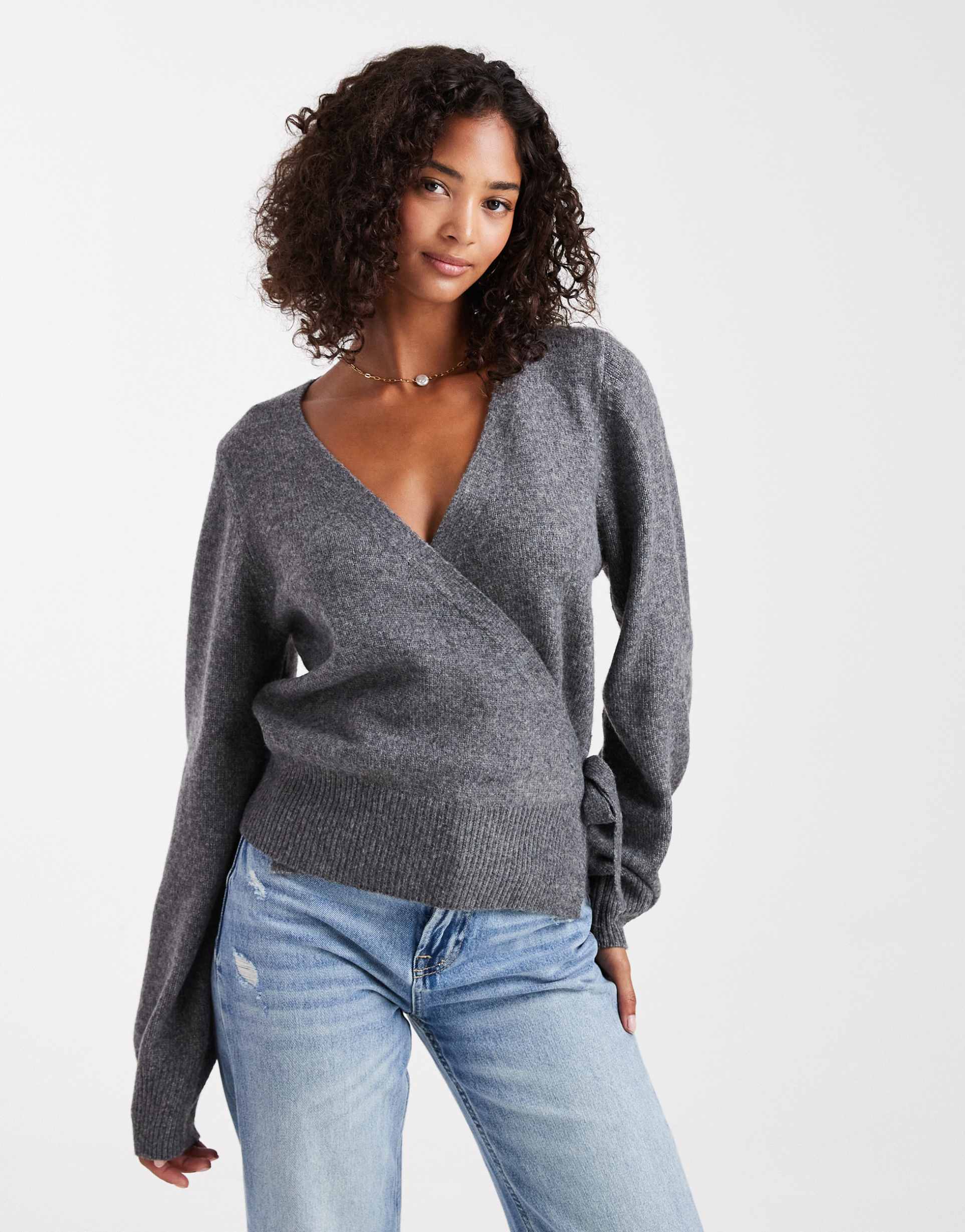 asos design knit wrap cardigan in gray