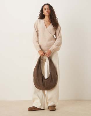 ASOS DESIGN knit wrap cardigan in oatmeal-Neutral