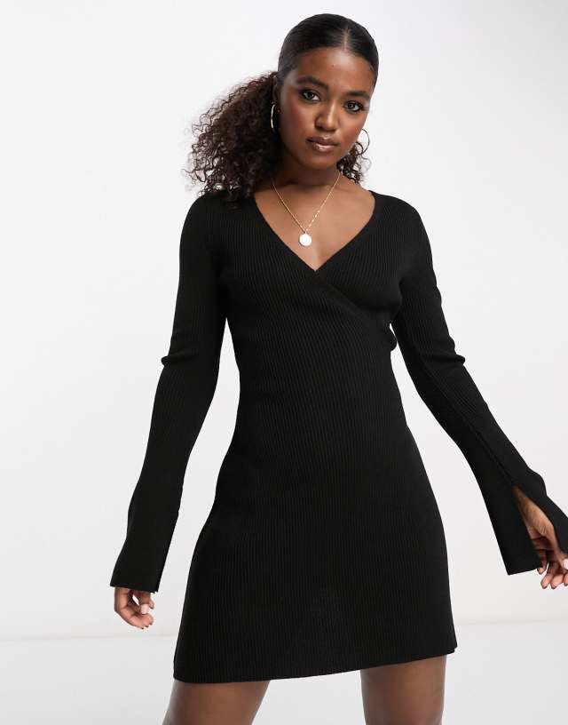 ASOS DESIGN knit wrap fit and flare mini dress in black