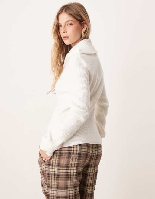 ASOS DESIGN knit zip up collar cardigan in cream, 3 of 4