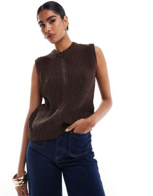 Asos Design Knit Zip Up Tank Top In Chocolate-brown