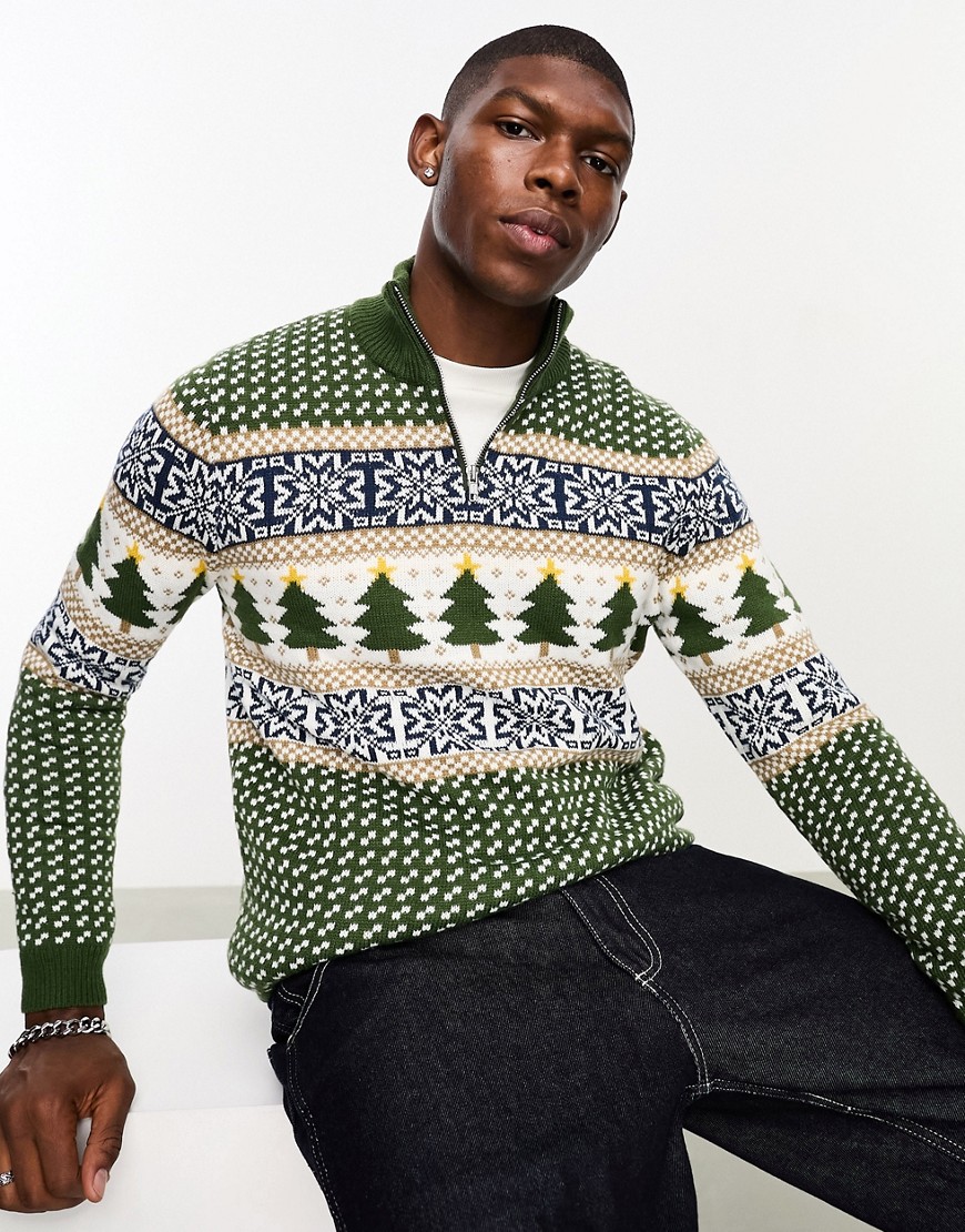 ASOS DESIGN knitted 1/4 zip Christmas jumper in green fairisle pattern