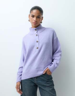 Asos Design Knitted 3/4 Button Up Funnel Neck Sweater In Purple
