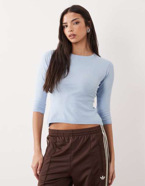 ASOS DESIGN knitted 3/4 sleeve top in blue - view 1