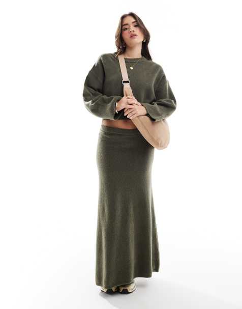 ASOS DESIGN knitted a line maxi skirt in khaki (part of a set) - view 1