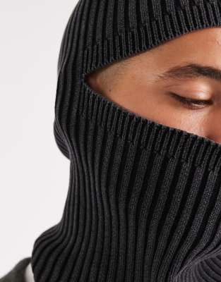 Asos Design Knitted Acid Wash Rib Balaclava In Blue