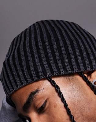 Asos Design Knitted Acid Wash Rib Skull Beanie In Black
