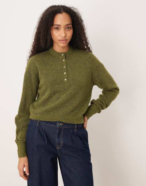 ASOS DESIGN knitted alpaca blend henley top in olive - view 1
