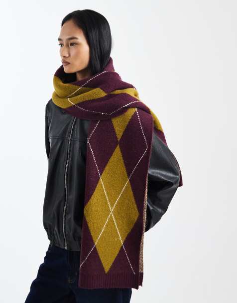 ASOS DESIGN knitted argyle scarf in burgundy - view 1