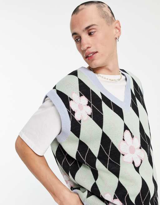 ASOS DESIGN knitted argyle tank top with floral pattern