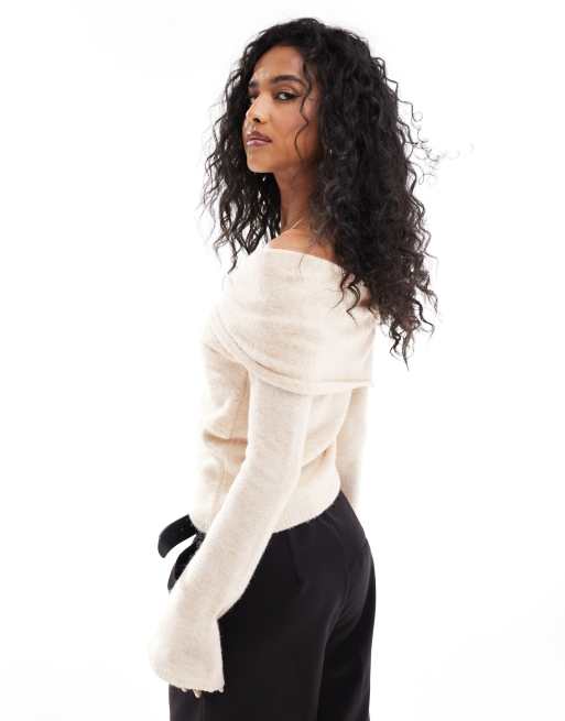 ASOS DESIGN knitted asymmetric bardot top in cream
