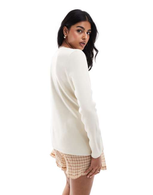 ASOS DESIGN knitted asymmetric button front cardigan with split in ecru, 4 of 4