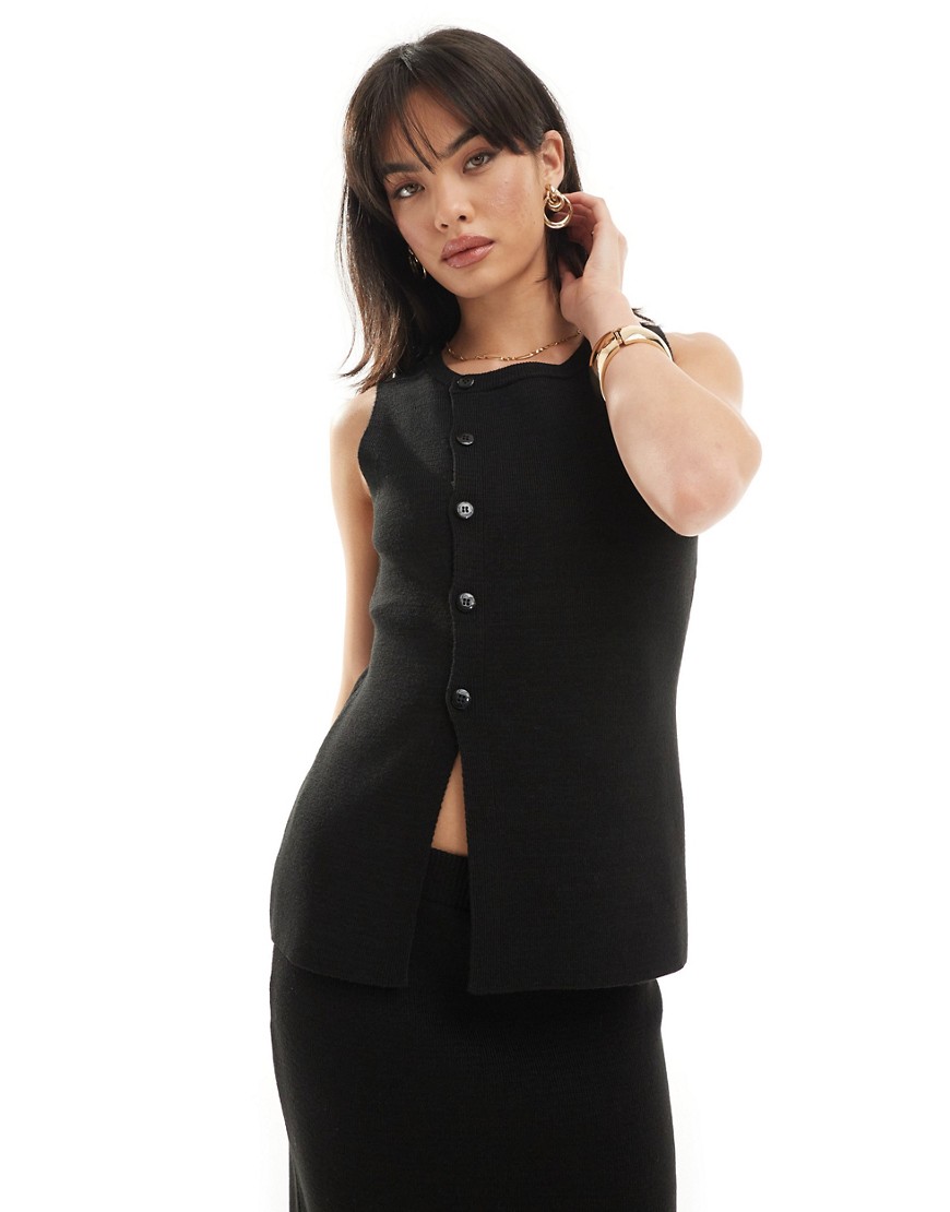 Asos Design Knitted Asymmetric Button Front Vest With Split In Black