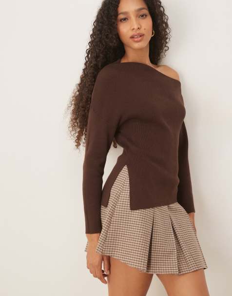 ASOS DESIGN knitted asymmetric off shoulder top in rib in chocolate - view 1