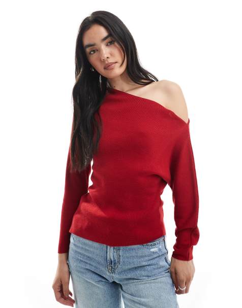 ASOS DESIGN knitted asymmetric off shoulder top in rib in red - view 1