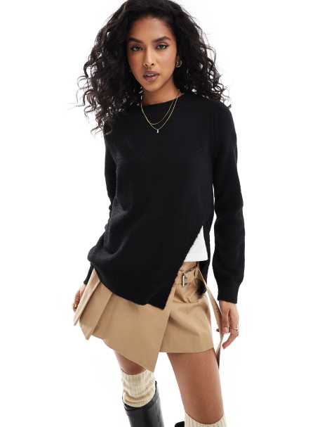 ASOS DESIGN knitted asymmetric sweater with ruched side in black - view 1