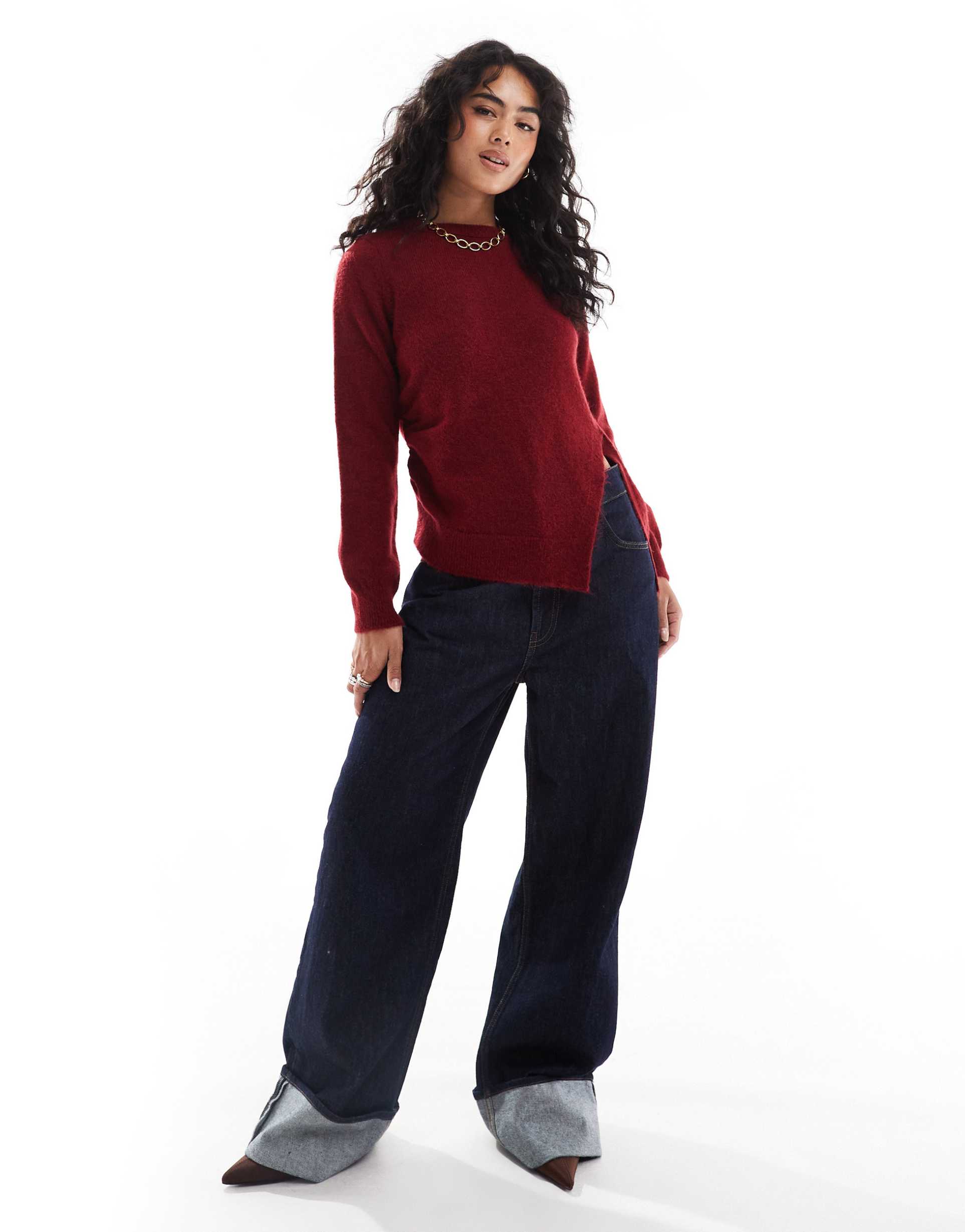 asos design knitted asymmetric sweater with ruched side in burgundy