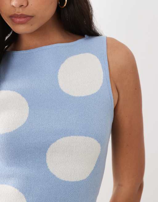 ASOS DESIGN knitted asymmetric top co-ord in blue polka dot, 3 of 4