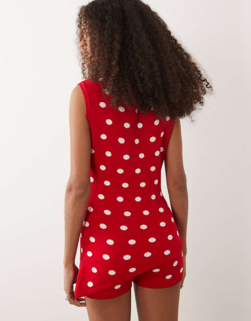 ASOS DESIGN knitted asymmetric top co-ord in red polka dot, 4 of 4