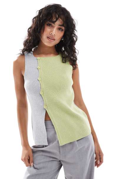ASOS DESIGN knitted asymmetric waistcoat in sage and grey colourblock - view 1