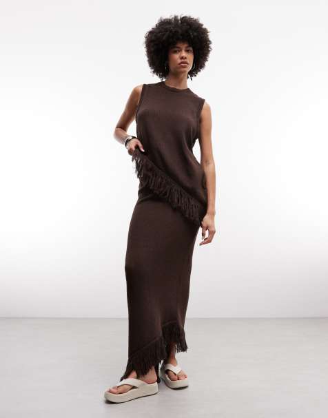 ASOS DESIGN knitted asymmetrical fringe skirt co-ord in brown - view 1