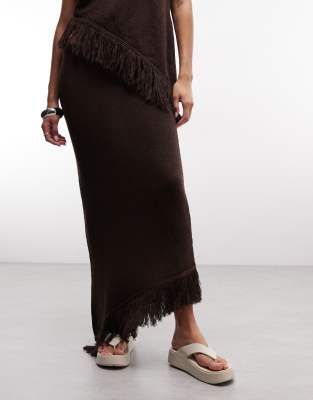 ASOS DESIGN knitted asymmetrical fringe skirt co-ord in brown | ASOS