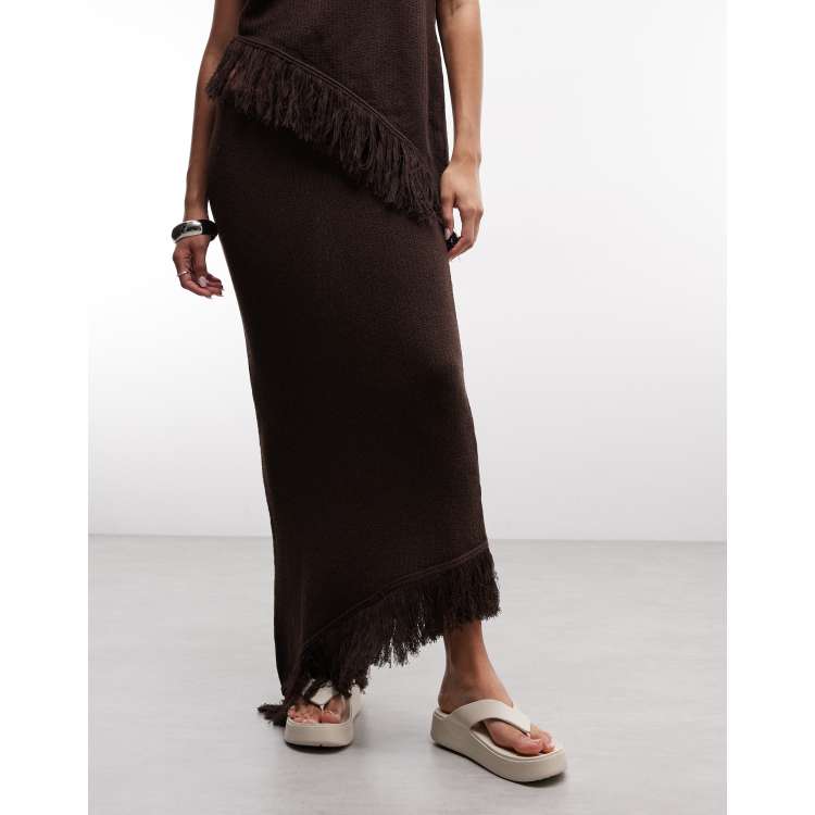 ASOS DESIGN knitted asymmetrical fringe skirt co-ord in brown | ASOS