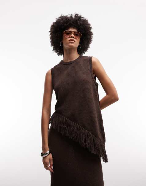 ASOS DESIGN knitted asymmetrical fringe top co-ord in brown - view 1