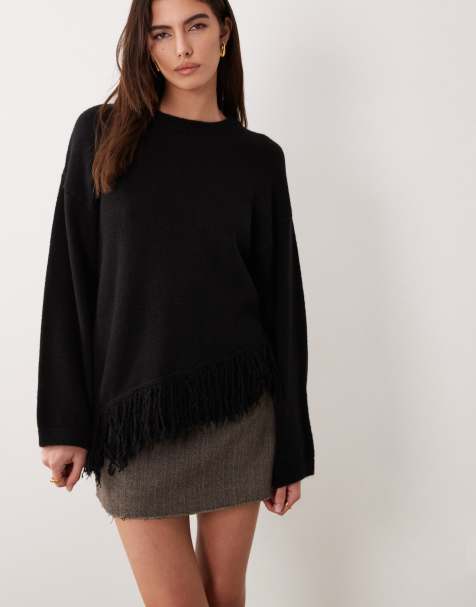 ASOS DESIGN knitted asymmetrical hem jumper with fringe in black