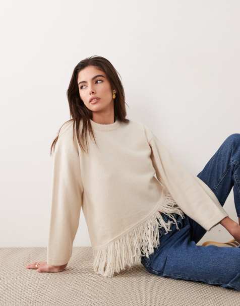 ASOS DESIGN knitted asymmetrical hem jumper with fringe in ecru
