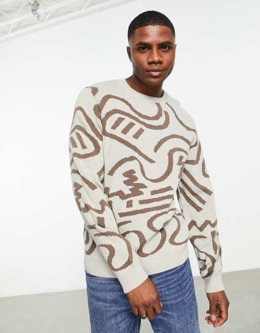 ASOS DESIGN knitted aztec jumper in brown