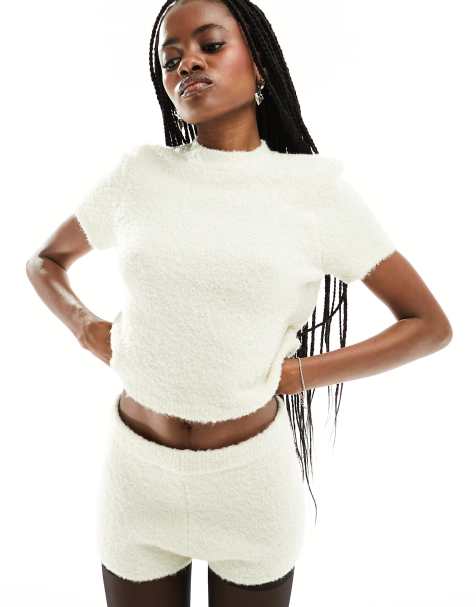ASOS DESIGN knitted baby tee in fluffy yarn in cream - view 1