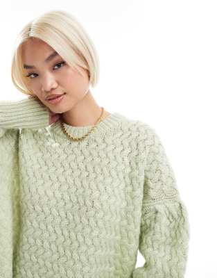 ASOS DESIGN knitted balloon sleeve jumper in stitch in sage green