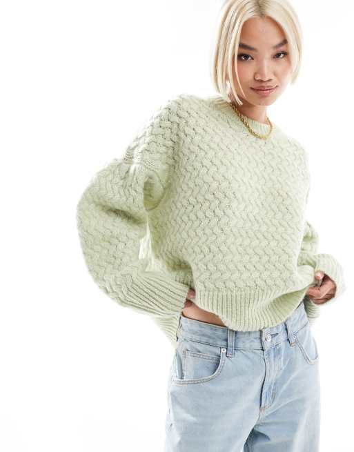 ASOS DESIGN knitted balloon sleeve jumper in stitch in sage green, 2 of 4