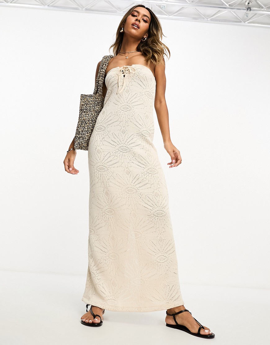 ASOS DESIGN knitted bandeau crochet midi dress ivory-White