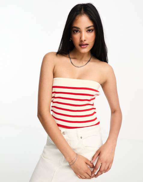 ASOS DESIGN knitted bandeau crop top in red and white - view 1
